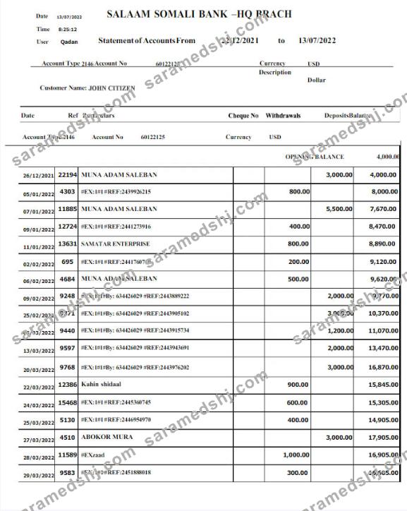 SOMALI SALAAM SOMALI bank statement Word and PDF template